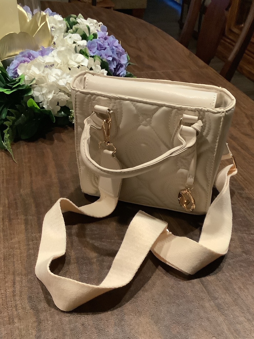 Valentino Orlandl Cream Quilted Crossbody Tote Bag with Gold Hardware